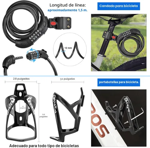 Vista 5 de Paquete de 8 accesorios para bicicleta, juego de luces para bicicleta recargable por USB, 1 soporte para botella de agua para bicicleta, bolsa