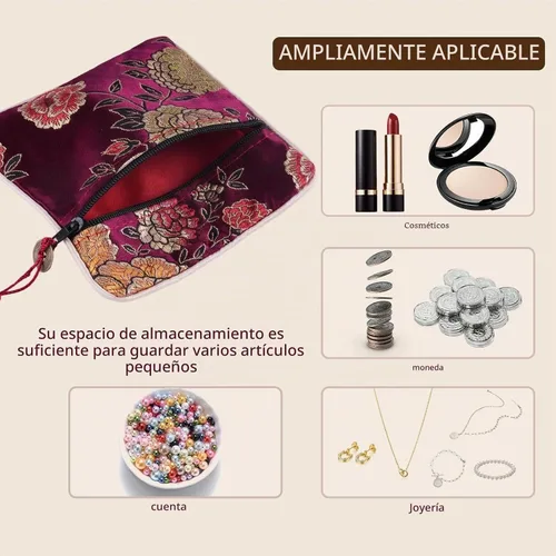 Vista 4 de 24pc chino brocado de seda monedero bordado joyería bolsa cremallera cartera bolsa