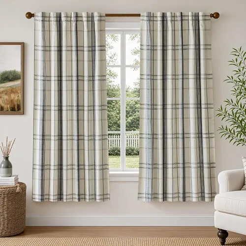 Vista 28 de DriftAway Cortinas de felpilla de lino a cuadros 100% opacas de 96 pulgadas Beige