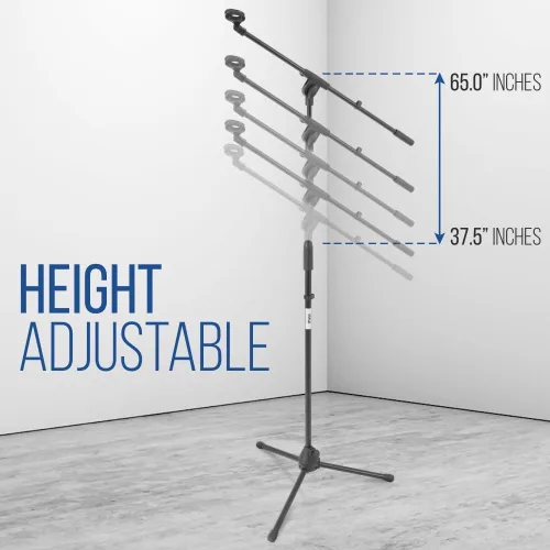 Vista 2 de Pyle Soporte de micrófono plegable para trípode, soporte universal para micrófono y altura ajustable de 37.5 a 65.0 pulgadas de alto con brazo
