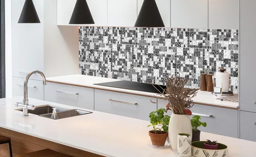 Vista 5 de Azulejos de vidrio blanco y negro para cocina, baño, pared, salpicadero, mosaico, patrón de Versalles [Juego de 5]