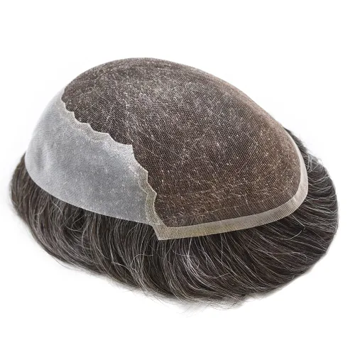 Vista 35 de Toupee para hombres, sistema de reemplazo de cabello humano Remy, nudos blanqueados, encaje frontal, piel fina, para hombre, color gris, pelucas