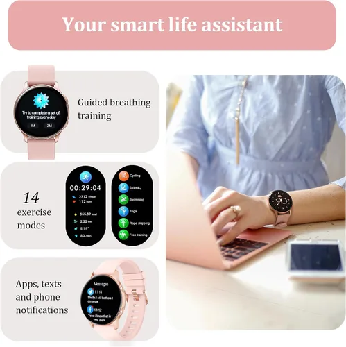 Vista 2 de Reloj inteligente para mujer, rastreador de actividad física con monitor de frecuencia cardíaca y SpO2, IP68 impermeable para hombres y mujeres
