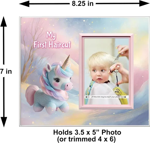 Vista 3 de My First Haircut! - Marco de fotos para regalo de fotos de momentos memorables, unicornio de fantasía, tamaño de mesa, 8.25 x 7 pulgadas, fácil