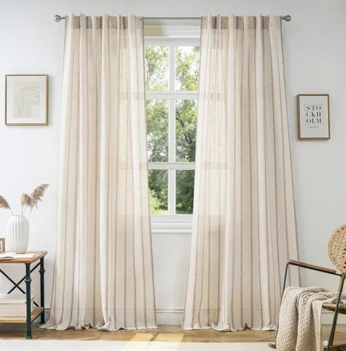 Vista 115 de DriftAway Cortinas de estilo granja con rayas verticales de lino mezclado texturizado con filtro de luz semitransparente para sala de estar