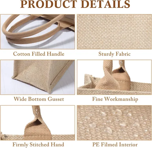 Vista 5 de 16 bolsas de arpillera con asas e interior laminado, reutilizables, en blanco, regalo de dama de honor, bolsa de playa para compras, boda, fiesta