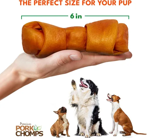 Vista 3 de Pork Chomps Masticables de piel de cerdo asada para perros, nudos de 6 pulgadas, 6