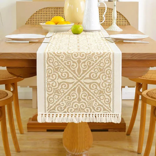 Vista 7 de Camino de mesa auxiliar floral para sala de estar, cocina, casa de campo, camino de mesa de comedor con flecos, rectangular, resistente al calor