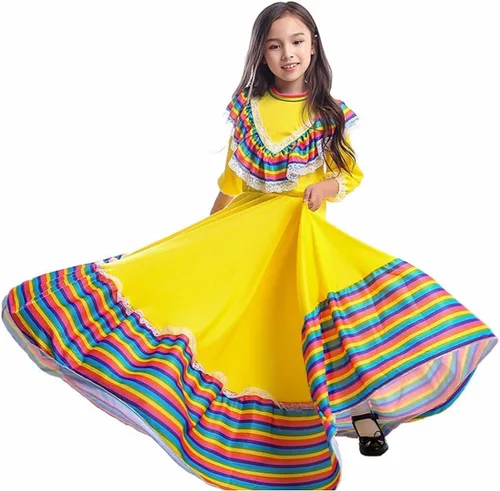 Vista 4 de Girls Mexican Dress Folklorico Traditional Dresses Holiday Toddler Dance Skirt Kids Halloween Carnival Birthday Gowns