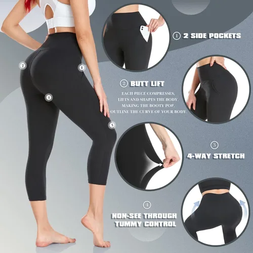 Vista 4 de Leggings capri para mujer con bolsillos, cintura alta, control de abdomen, no se transparentan, pantalones de yoga suaves para entrenamiento