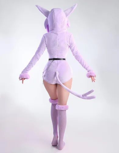 Vista 3 de Mobbunny Mameluco de anime derivado de pijama con cinturón de cola y calcetines mullido bodycon con capucha