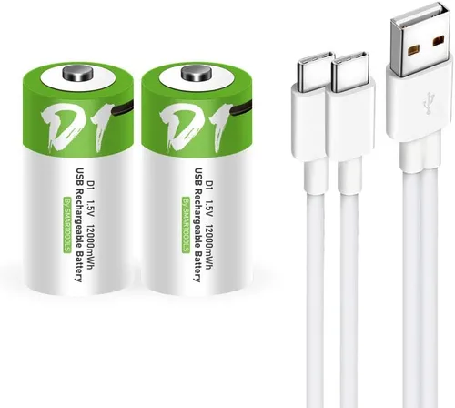 Vista 2 de Baterías D recargables de 1.5 V, 12000 mWh, batería recargable D de iones de litio USB con cable de carga USB tipo C, carga rápida de alta