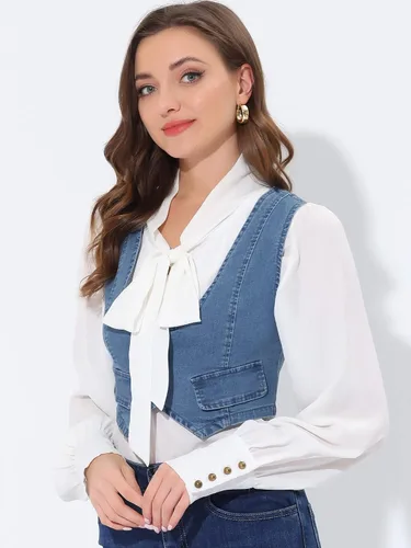 Vista 3 de Allegra K Chaleco de mezclilla para mujer con botones y sin mangas