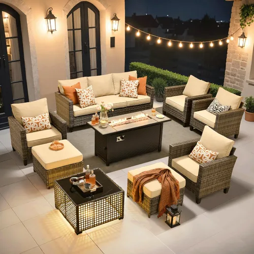 Vista 15 de ovios Juego de muebles de patio de 4 piezas con sofá de exterior, luces solares, mesa, cojines cómodos, sofá de conversación de mimbre de ratán