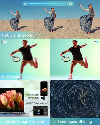 Vista 7 de Cámara digital 4K para fotografía, cámara de video de enfoque automático de 64 MP para YouTube con lente selfie, cámara de video compacta de viaje