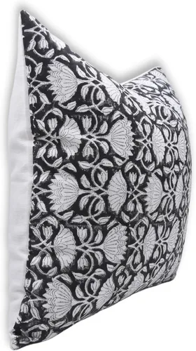 Vista 2 de Funda de cojín elegante de lino blanco roto con estampado de bloque a mano, 14 x 14 pulgadas, con cremallera invisible para sofá, cama, sala de Negro