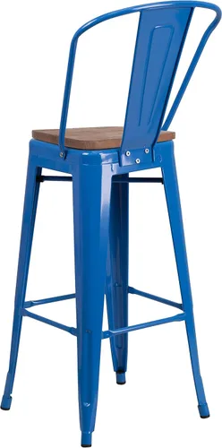Vista 7 de Merrick Lane Donnely Taburete de comedor, taburete de altura de mostrador, marco de metal en acabado azul, asiento de madera texturizada, respaldo