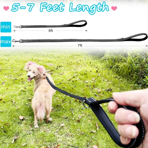 Vista 5 de Correa elástica reflectante de 5 a 7 pies, sin tirones para absorción de impactos, correa elástica de nailon para perros pequeños y medianos/gatos