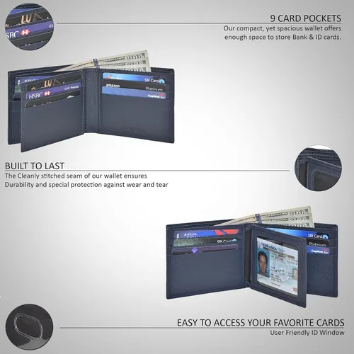 Vista 2 de NeoMonte Handmade RFID Leather Bifold Wallets For Men in Multiple Colors offering 9 Cards and 1 ID Slots