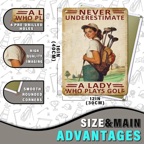 Vista 2 de Golf Girl Metal Tin Sign Golf Metal Poster Never Underestimate A Lady Who Plays Golf Funny Vintage Tin Sign Wall Plaque Poster 12x16inch