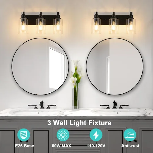 Vista 6 de Lámparas de baño de 3 luces, modernas luces de tocador negras para accesorios de iluminación de baño, accesorios de iluminación sobre espejo