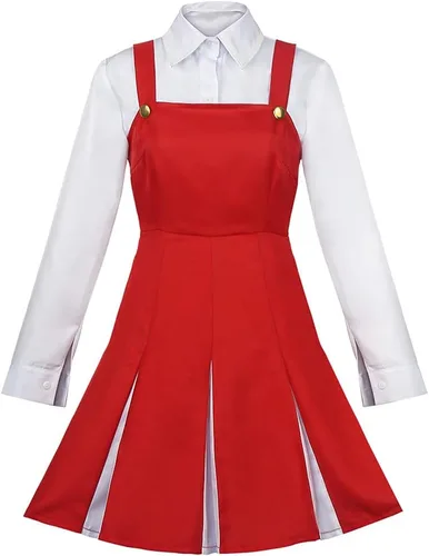 Vista 2 de Mha Eri - Disfraz de uniforme rojo con calcetines para la cabeza, vestido de sirvienta, trajes de Halloween