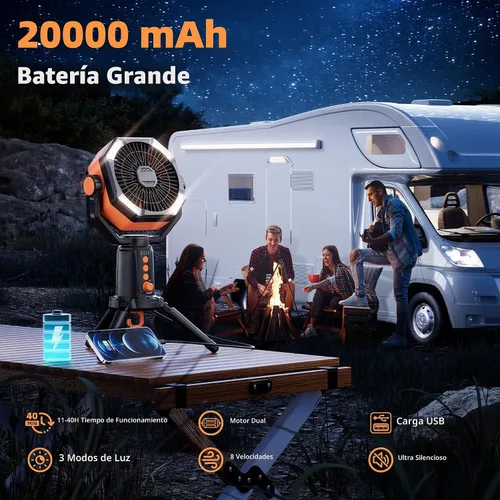 Vista 2 de MORIKO Trípode de ventiladores de mesa, 20000 mAh, recargable, funciona con pilas, ventilador portátil para tienda de campaña con linterna LED