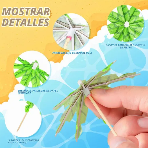 Vista 4 de 150 piezas de hojas de coco, sombrillas de bebidas para cóctel, palillos