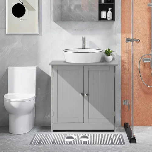 Vista 8 de VINGLI Armario de baño para debajo del fregadero, fregadero de pedestal, organizador de almacenamiento independiente con 2 puertas, estante