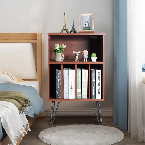 Vista 4 de Tangkula Record Player Stand, Turntable Stand with Metal Legs, Vinyl Record Storage Cabinet w/ 5 Open Shelves Holds up to 150 Albums for Living Room