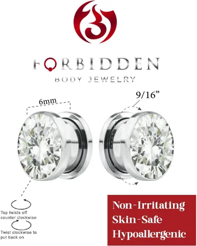 Vista 2 de Forbidden Body Jewelry Pendientes de acero quirúrgico 8G-78 con ajuste de tornillo CZ central túnel (se venden como par)