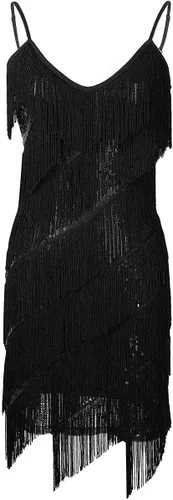 Vista 4 de CHICTRY Vestido de mujer con tirantes delgados, borlas de lentejuelas, con flecos, vestido de fiesta, baile, vestido de noche