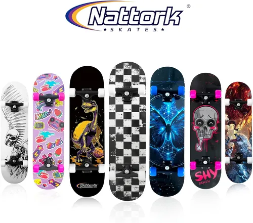 Vista 6 de Nattork - Monopatín completo de 31 pulgadas, patinetas estándar para principiantes, patinetas de trucos de 9 capas de madera de arce canadiense