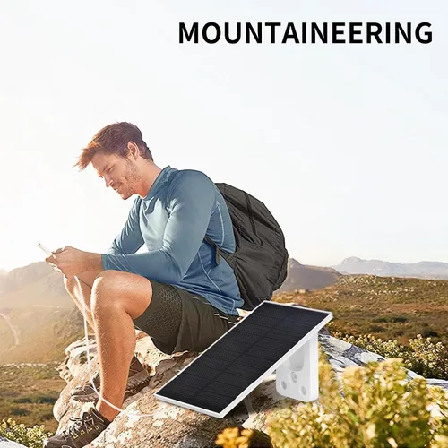 Vista 5 de Panel solar de 2 W, cargador solar de batería para teléfono móvil con puerto USB-C, cable de conector para iPhone, aplicación de emergencia al aire