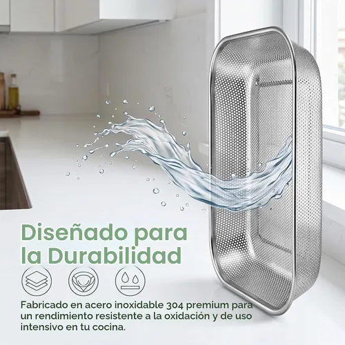 Vista 3 de Cedilis Paquete de 2 coladores grandes de acero inoxidable, cesta de lavado de verduras de malla de 6 cuartos de galón, cesta escurridor rectangular