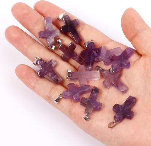 Vista 2 de Cadikez 12 piezas colgantes de cruz de piedra natural, cristales curativos de cuarzo chakra reiki colgantes de piedras preciosas dijes a granel