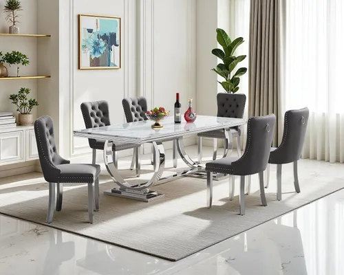 Vista 63 de Juego de mesa de comedor de mármol sintético, 7 piezas, juego de mesa de cocina y comedor para 6, mesa de comedor rectangular blanca de 70 pulgadas