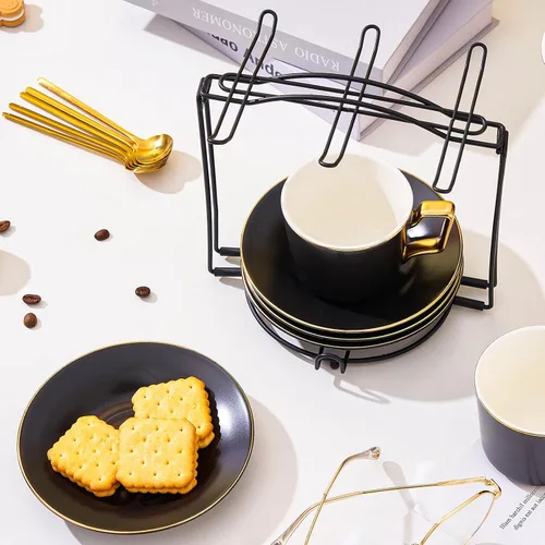 Vista 6 de Soporte para tazas de té, tazas de café y platillos, estante de almacenamiento plegable de metal para taza de espresso y capuchino, color negro