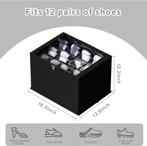 Vista 2 de RENVA 12 Pairs Shoe Organizer for Closet, Foldable Shoe Storage Bins with Clear Cover, Large Shoe Box Storage Container with two sides PU handles