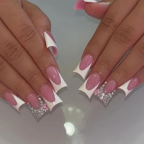Vista 10 de 24 uñas de pato a presión con diamantes de imitación francesas, uñas postizas estilo pies de pato, uñas postizas de primavera y verano con diseños