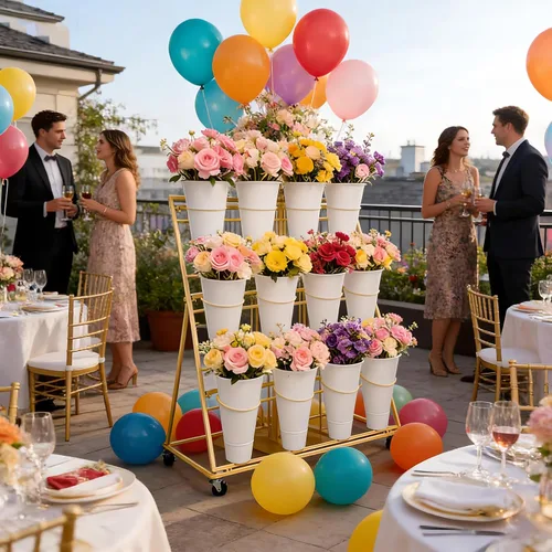 Vista 5 de Soporte de exhibición de flores de 3 niveles, soporte móvil de metal para plantas con 12 cubos, carrito de flores con ruedas, adecuado
