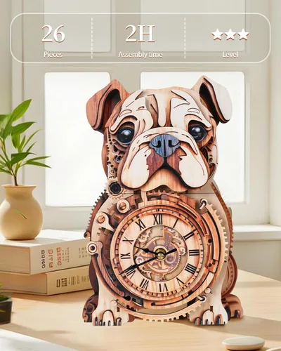 Vista 5 de Rompecabezas de madera 3D para adultos, rompecabezas 3D reloj bulldog (con péndulo) 32 piezas, rompecabezas de madera para principiantes
