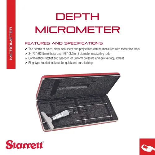 Vista 2 de Starrett Medidor de profundidad micrómetro con tuerca de bloqueo moleteada tipo anillo, trinquete combinado y acelerador - Ajuste rápido y fácil