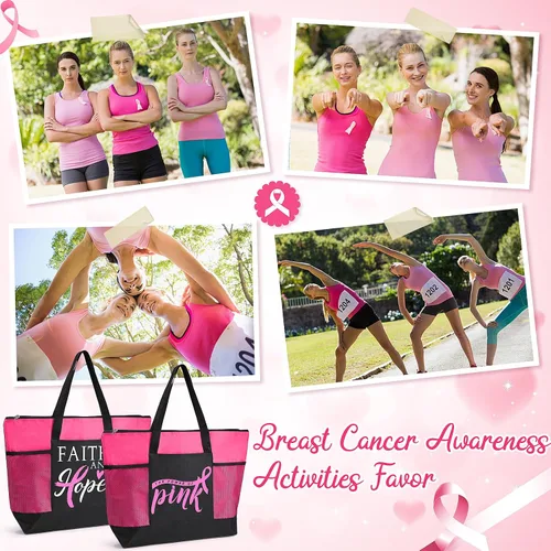 Vista 6 de Bolsas de regalo para concientización sobre el cáncer de mama, bolsas de señal de cinta rosa para mujer, bolsillo de malla, apoyo para concientizar