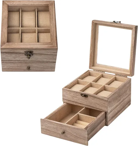 Vista 7 de Caja de reloj, caja de reloj para hombres y mujeres con tapa de vidrio grande, caja de almacenamiento de madera con 2 capas y 6 ranuras, organizador