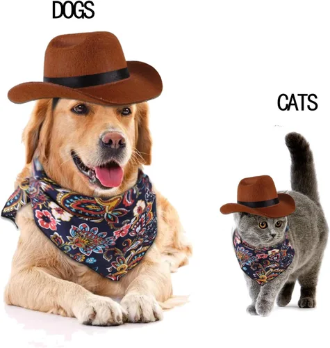 Vista 2 de Sombrero de vaquero para perro con cordón ajustable, bufanda triangular retro y sombrero de perro, sombrero de cosplay para perro, sombrero
