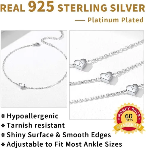 Vista 5 de ChicSilver Tobilleras de plata de ley 925 con iniciales para mujer, delicada pulsera de tobillo de corazón de playa, joyería de pie ajustable