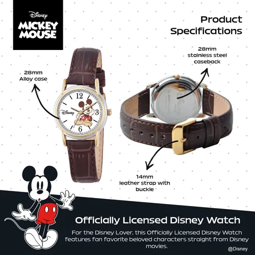 Vista 3 de Disney Mickey Watch - Watch for Women - Mickey Mouse Watches for Women Toys - 90s Mouse - Vintage - Articulating Hands - Gold Case - Brown Leather