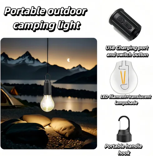 Vista 2 de Linterna LED portátil para campamento, gancho para colgar en cualquier lugar, recargable USB-C, 3 modos de brillo, resistente al agua