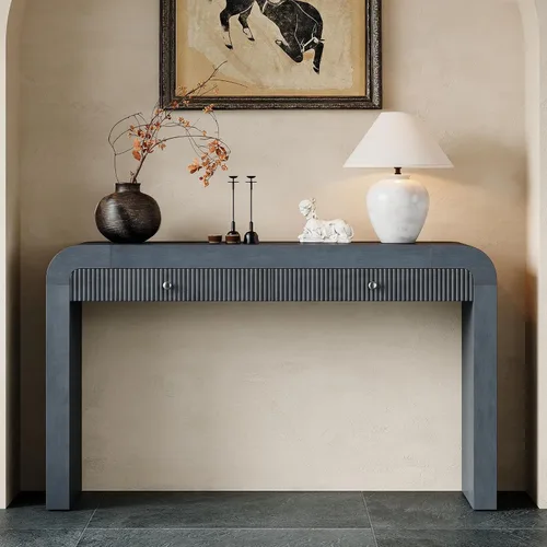 Vista 16 de Mesa de consola de madera de 152 cm con tapa de chapa de roble y patas curvadas delgadas de madera de goma, elegante mesa de sofá para sala